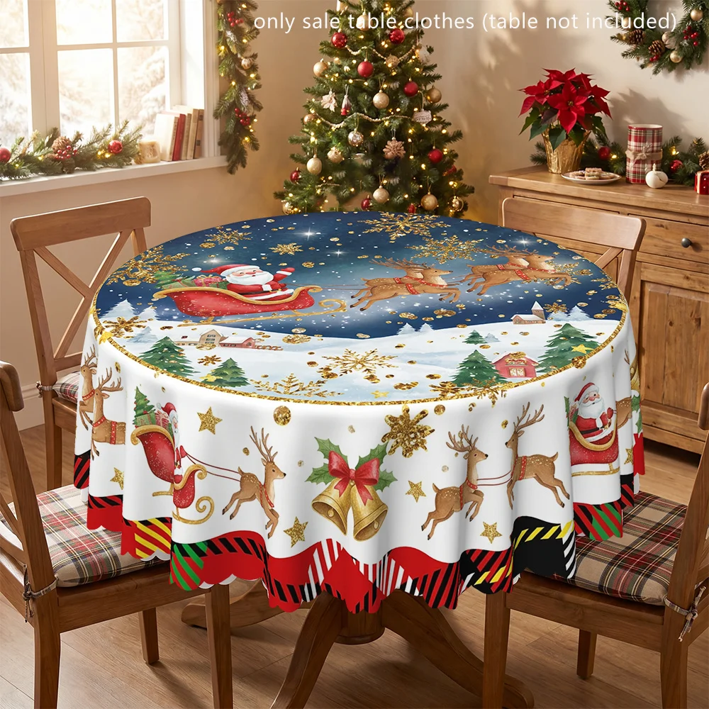 Round Christmas tablecloth, indoor and outdoor - Santa and reindeer sleigh print, Arctic theme