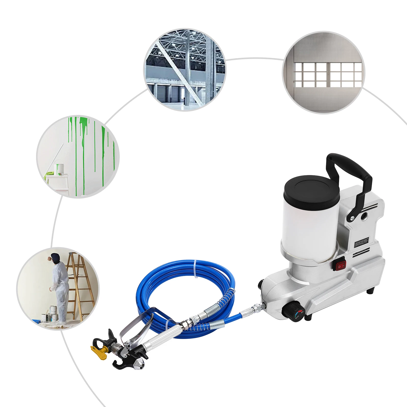 بخاخ طلاء بدون هواء عالي الضغط مع علبة قادوس 0.66 جالون، بخاخ طلاء كهربائي مع مفتاح مقاوم للماء 1600 وات 850 دورة في الدقيقة #6