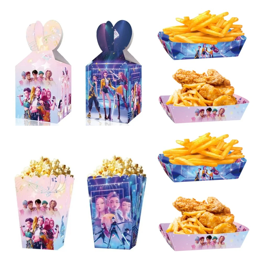 Cajas y bandejas para dulces, palomitas y papas fritas con temática de anime y música K-pop, ideales para fiestas de cumpleaños infantiles, muy populares y adorables.