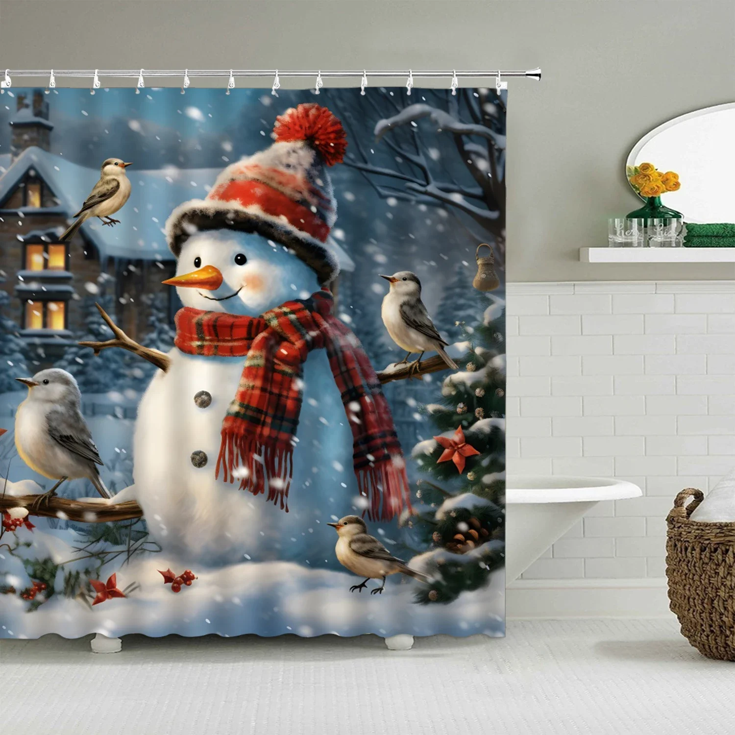 Christmas Shower Curtain Winter Snowman Snowflake Christmas Tree Red Truck Bell Red Bird Colorful Christmas Ball Bathroom Decor