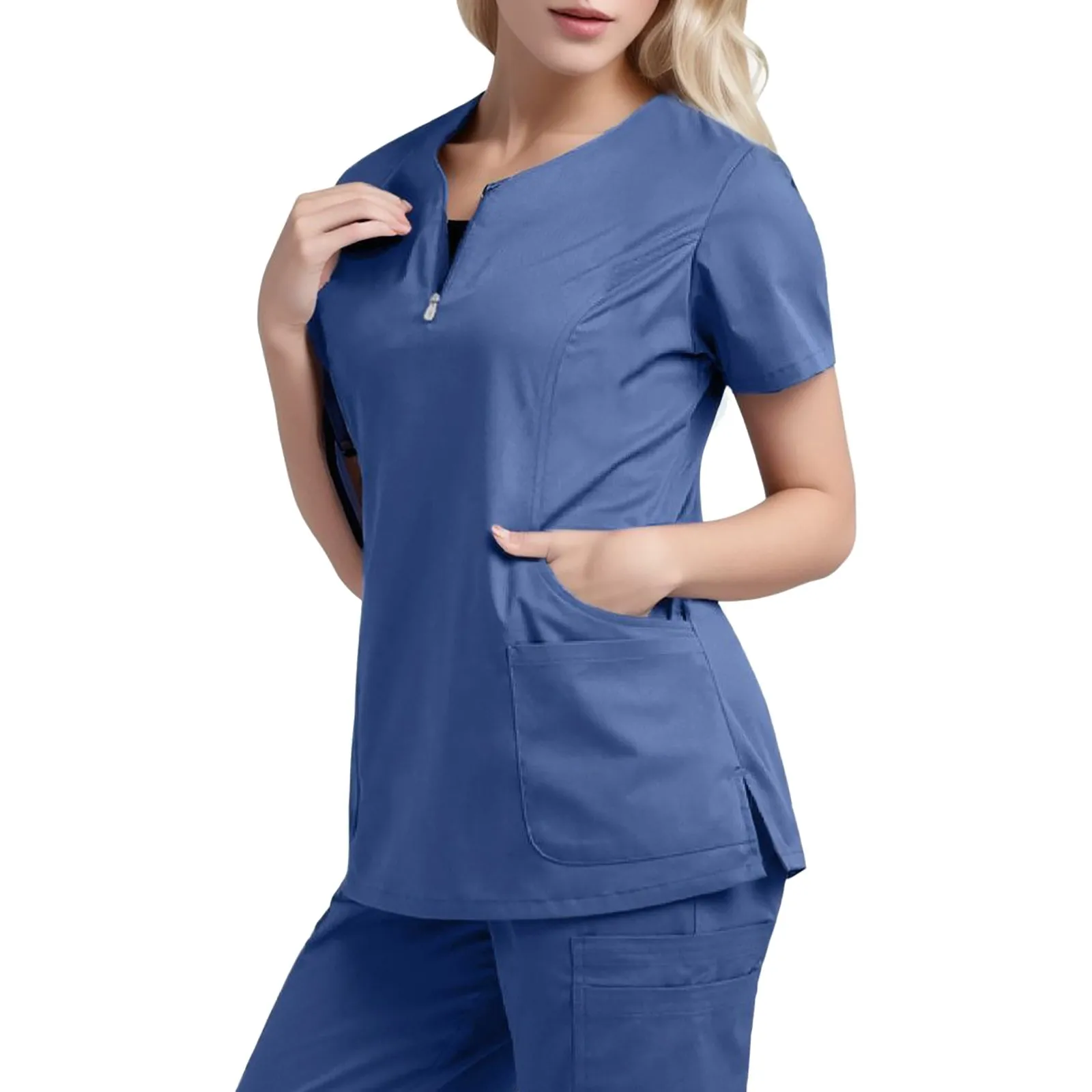 Top T-Shirt Uniforms For Womens Short Sleeves Pocket Loose Half Zipper Ladies Surgical Scrubs Popular Versatile Womens Tops