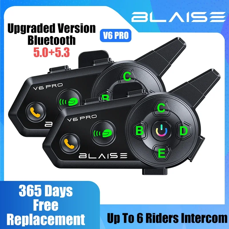 

BLAISE V6 PRO Motorcycle Helmet Bluetooth Headset 6 Rider Distance 1000M Communicator Waterproof IP66 Music Player Inerphone