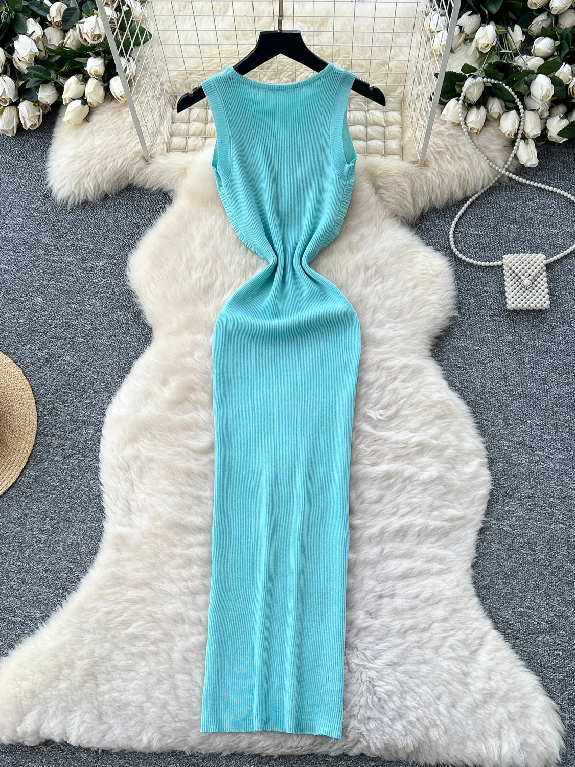 Slimming Fit Hollow out Metal Bule round Ne Svel Women's Dr High Waist Bodycon Skirt Korean Sle Commute Dr