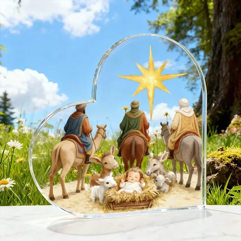 Heart Acrylic Desk Plaque Nativity Scene Decor, Christmas Three Wise Men Acrylic Heart Ornament