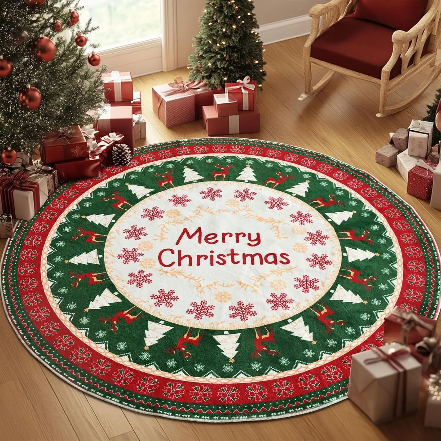

Christmas Round Area Rug, Washable Living Room Red & White Round Rug, Winter Soft Bedroom Circular Mat, Moroccan Holiday Xmas