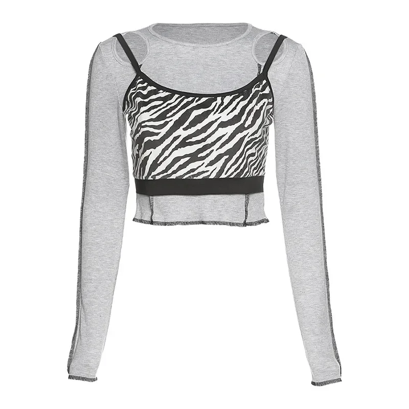 Harajuku Hollow Out Crop Tops Streetwear 2023 Vintage Punk Zebra Print Long Sleeve Tops Women Autumn Sexy Patchwork Basic Top