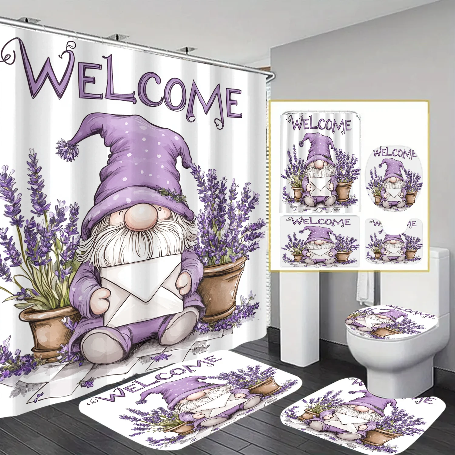 

4pcs Small Dwarf Theme Shower Curtain 12 Hooks for Room Home Hotel Laundry Window Curtains Bathroom