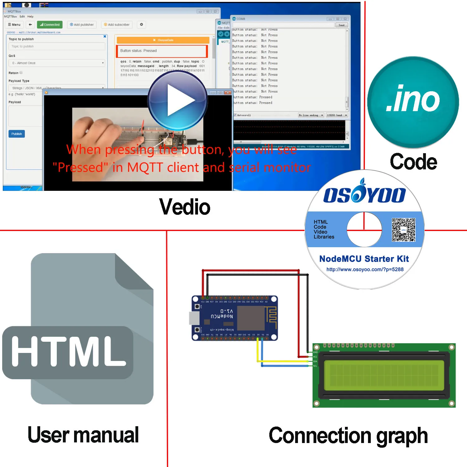 OSOYOO ESP8266 NodeMCU IOT Starter Kit With Development Board to Learn Program via Arduino IDE and MQTT Broker Tool