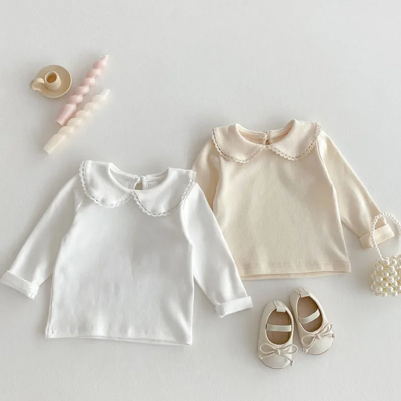 2025 New Spring 0-3Yrs Newborn Baby Girl T-shirt Long Sleeved Cotton Solid Color Infant Baby Girls Pullover Tops