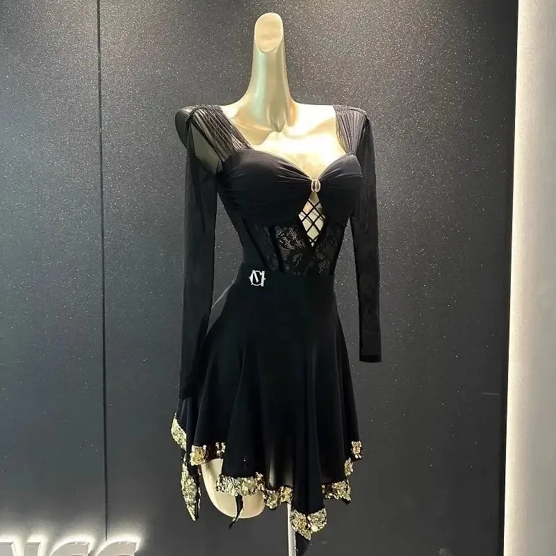 

2026 Women Latin Dance Dress Set Performance Black Sexy Lace Mesh Top Split Suit Chacha Rumba Adult Latin Dance Practice Clothes