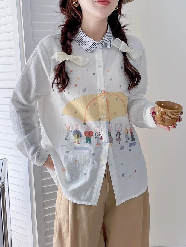 New Summer Cotton Long Sleeve Shirt, Women Lapel Cartoon Print Tops, Mori Girl Casual Loose Literature Blouse, Autumn T48681QC