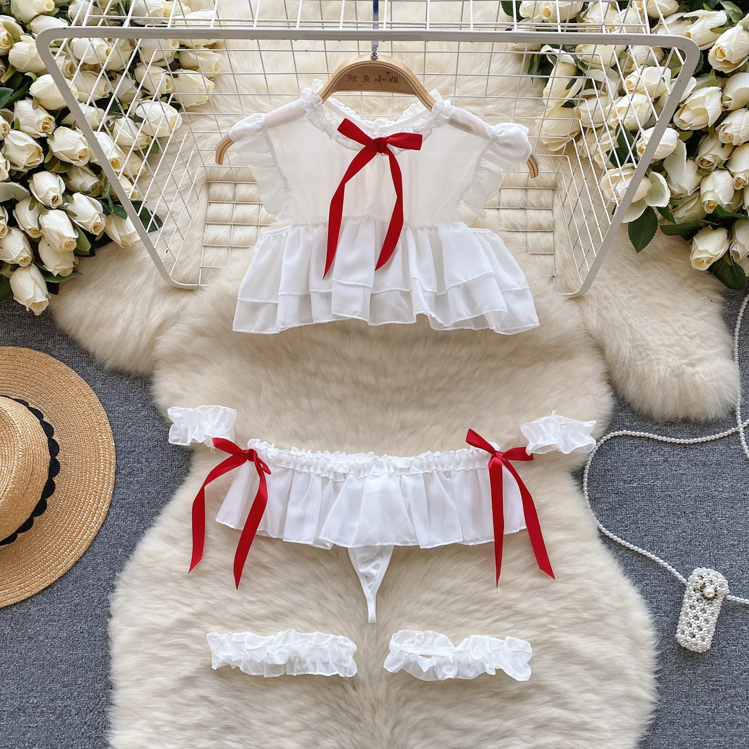 Sweet Sexy Pajama Set Transparent Hollow Flying Sleeves Ruffled Crop Top With Mini Pleated Skirt Hand And Leg Loops 4 Pieces Set