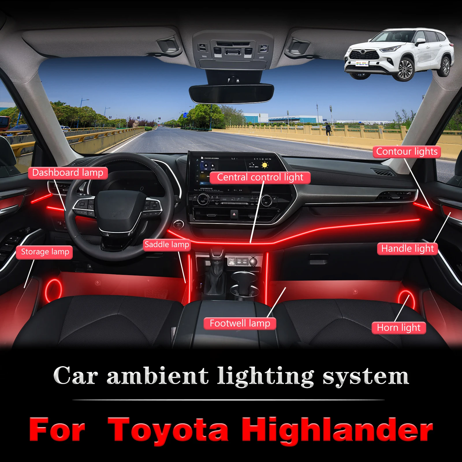 

For Toyota Highlander Car Interior Ambient Lamp Kit RGB 64-Color LED Smart Remote Control Energy Saving Efficient Lights