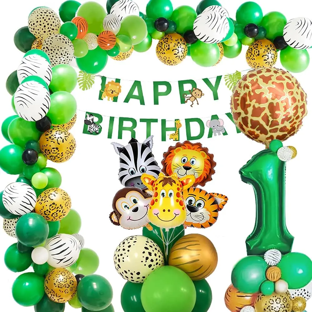 Décoration Anniversaire 1 An Safari Jungle - Kit 20 Invités - Ballons, Bannière, Nappes, Assiettes, Gobelets
