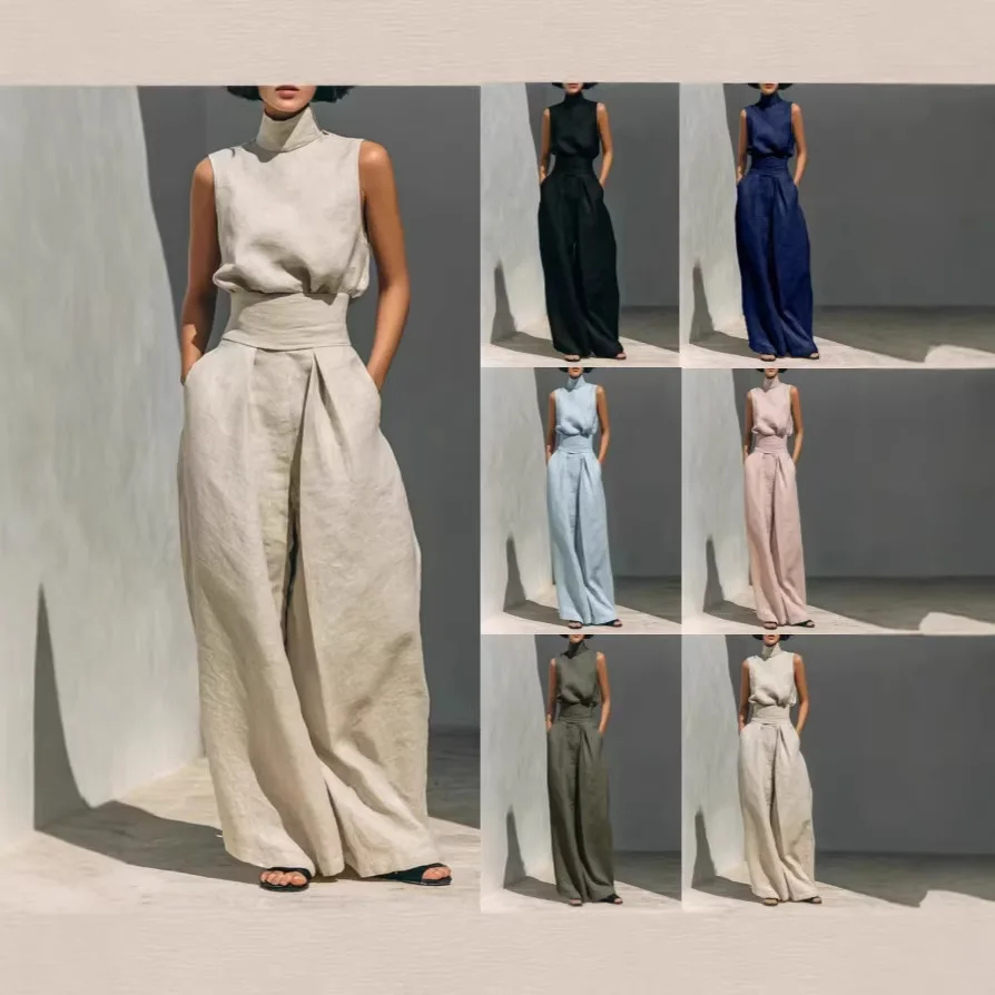 

Новинка 2026: Весенне-летний повседневный комплект для женщин из хлопка и конопли в европейском и американском стиле (безрукавка и брюки)