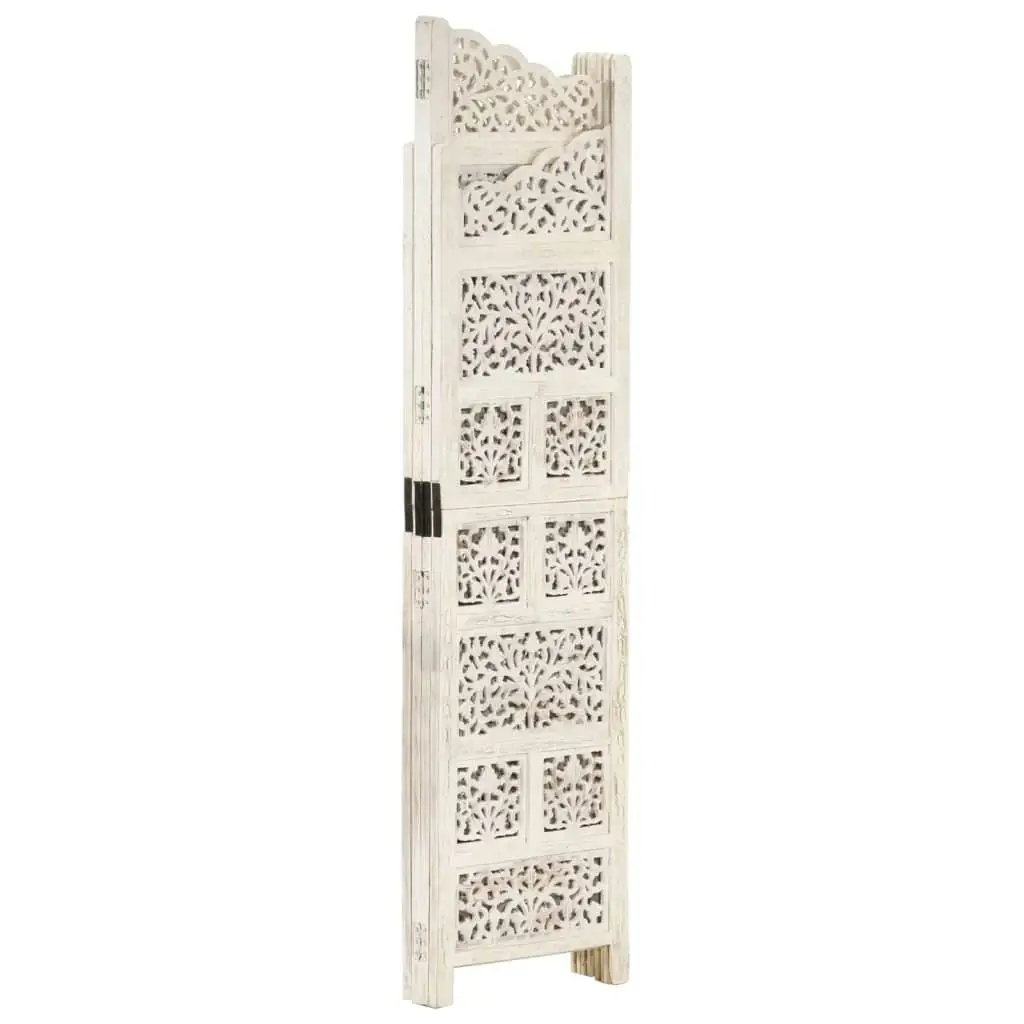 Hand Carved Four Panel Room Divider White Solid Wood 63x65cm