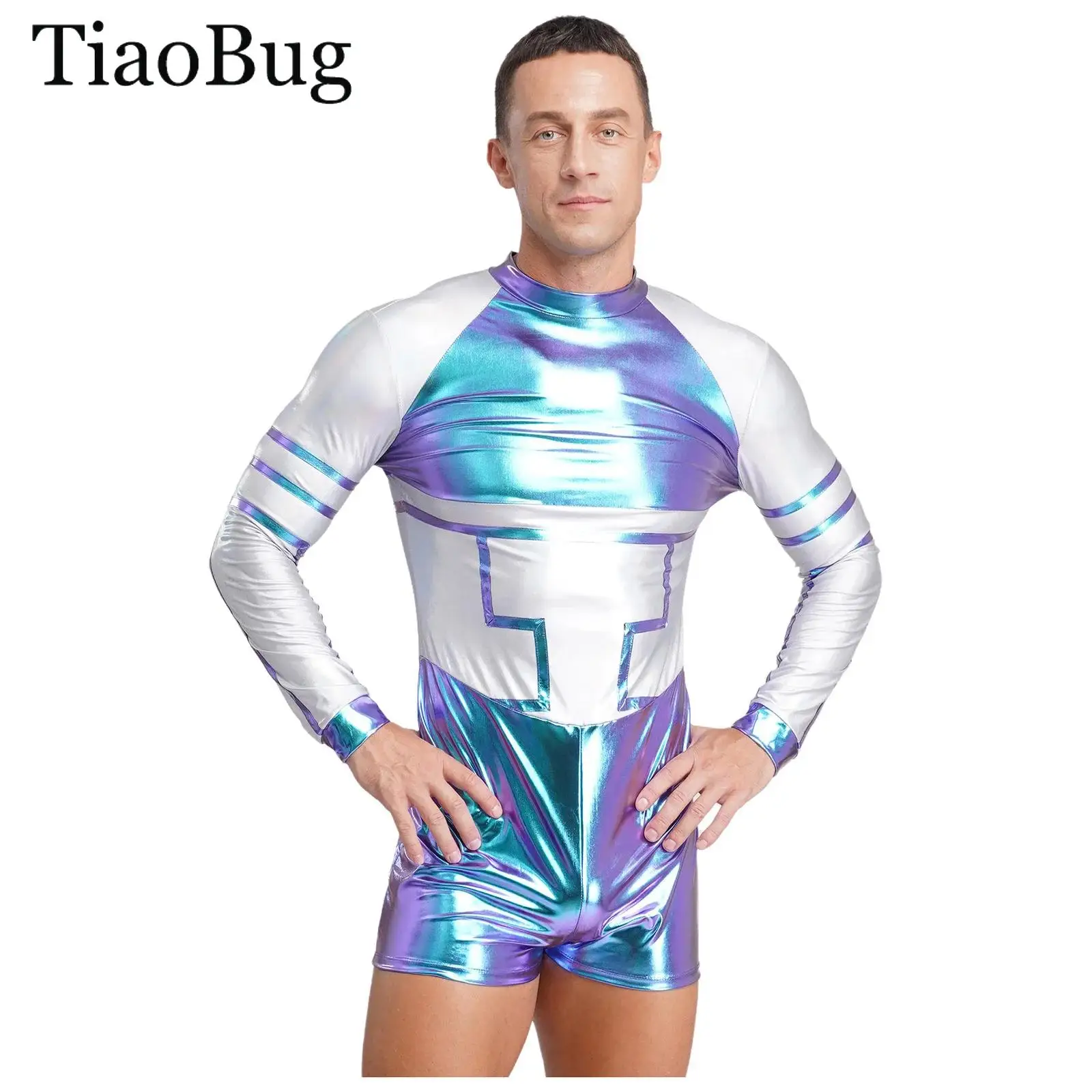 

Men Astronaut Alien Cosplay Costume Long Sleeve Metallic Shiny Space Alien Jumpsuit Bodysuit for Halloween Fancy Party Dress Up