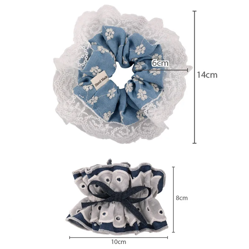 New Style Denim Made Embroidered Lace Large Size Hair Ties Women\'s Korean Fragmented Flower Hair Scrunchies Accessories 1pc