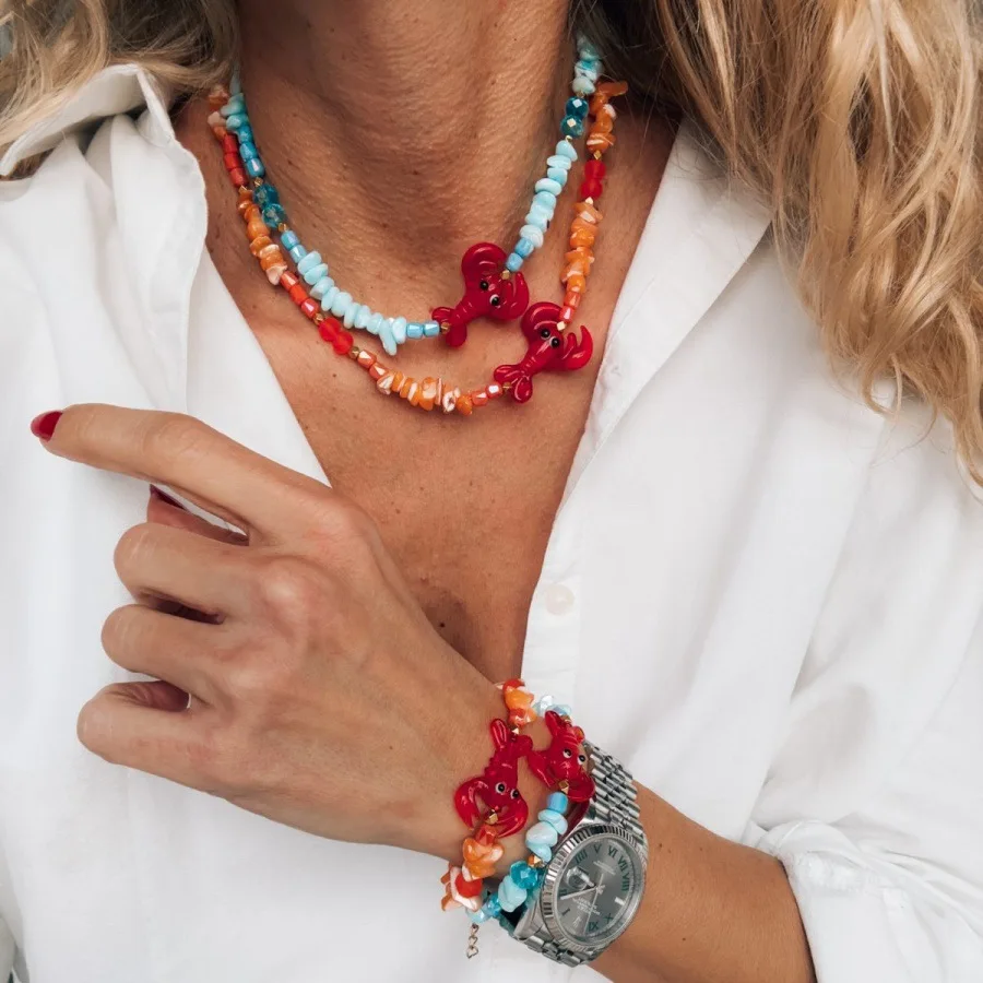 Lobster Crab Colored Glaze & Shell Pendant Necklace Bracelet for Women, Boho Summer Beach Beaded Necklaces Jewelry Gifts