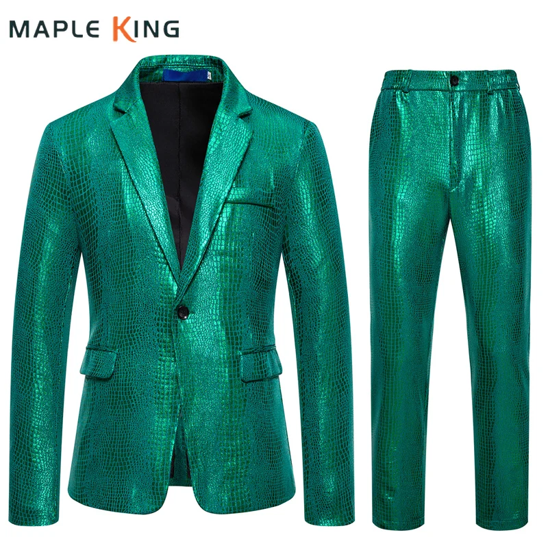 

Steampunk Snake Skin Pattern Men's Prom Suit Pant Sets Luxury Designer Nightclub Party Dress Slim Blzaer Trousers Costume Homme