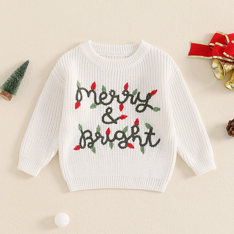 2024-07-02 Lioraitiin Toddler Baby Christmas Sweater Letter Embroidery Crew Neck Long Sleeve Pullovers