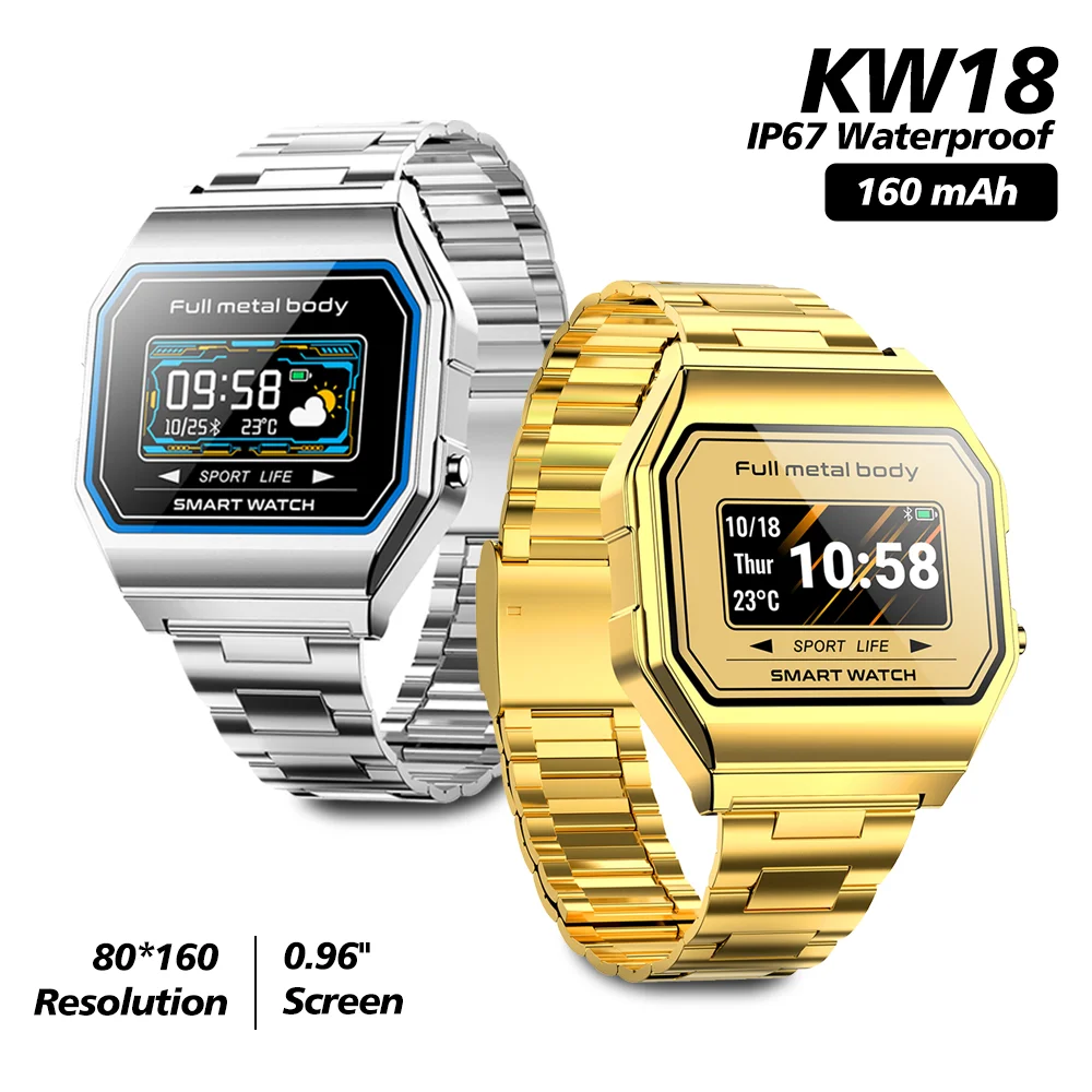 Ultra-thin Steel Band KW18 Smart Watch Sports Smartwatch IP67 Waterproof BT Sleep Heart Rate Blood Pressure Monitor Wristwatch