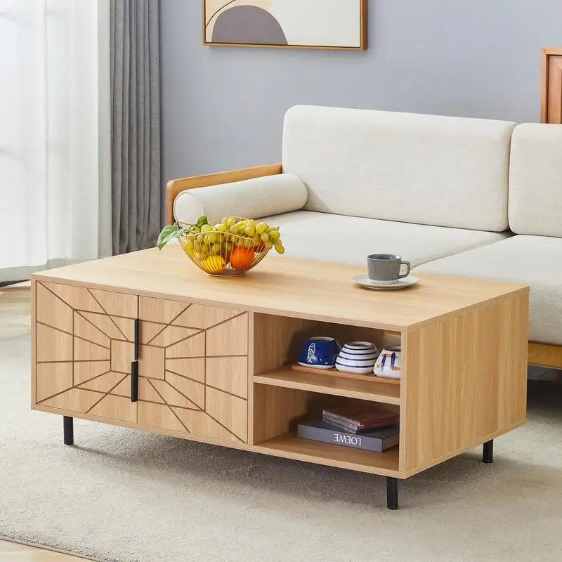 طاولة قهوة MDF حديثة مزخرفة على شبكة العنكبوت - فن هندسي وتصميم عملي بألوان خشبية طبيعية، 43.3 × 23.6 × 17.8 بوصة -