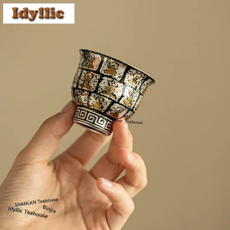 

50ml Dunhuang Gilt Silver Teacup Japanese Tea Bowl Single Cups Tea-tasting Meditation Cup Chazhan Master Cups For Tea Craft Gift