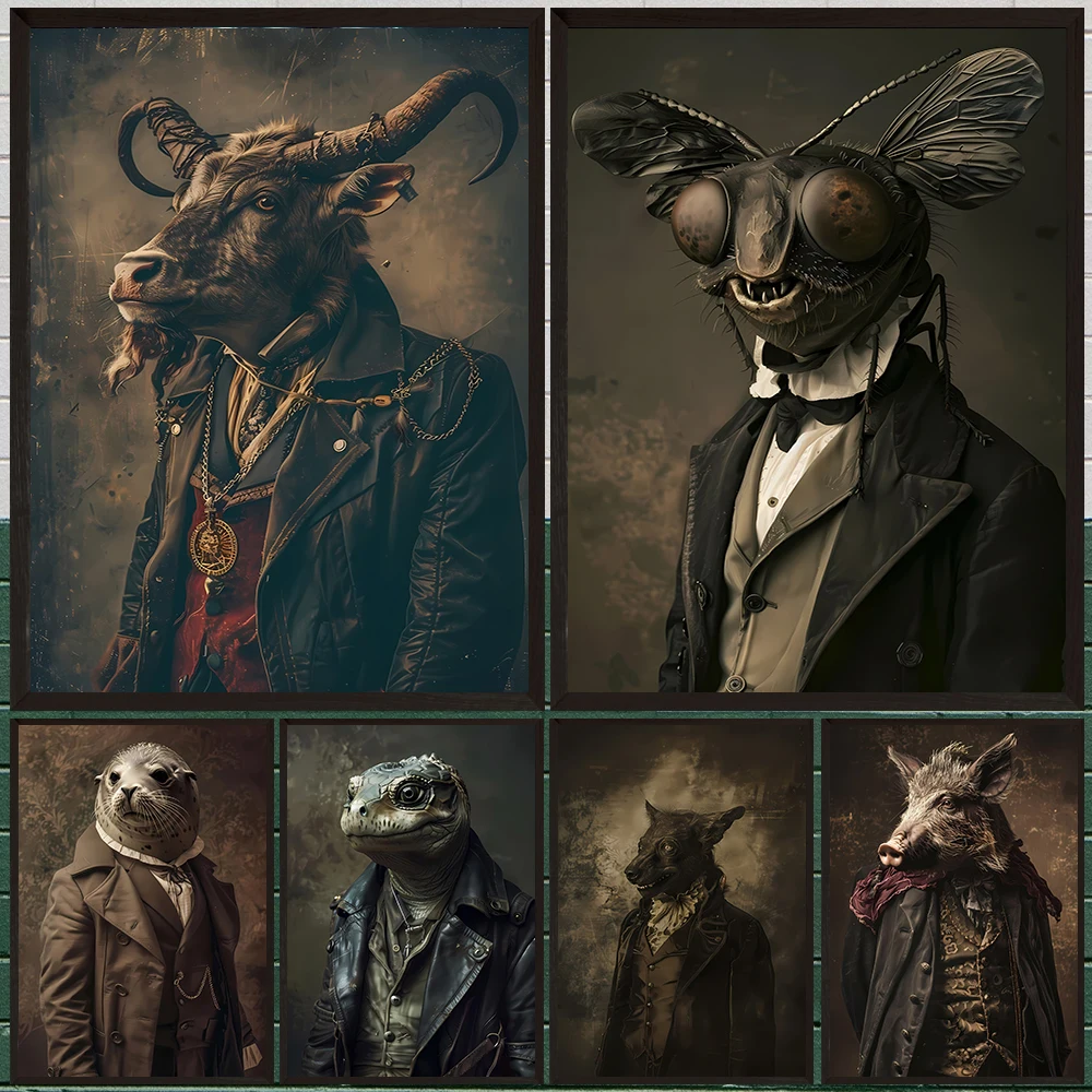 

Buffalo,Cowardly Lion,Ogre Poster,Gothic Animal Portrait Wall Art Canvas Painting, Vintage Photography Art Poster Print Decor