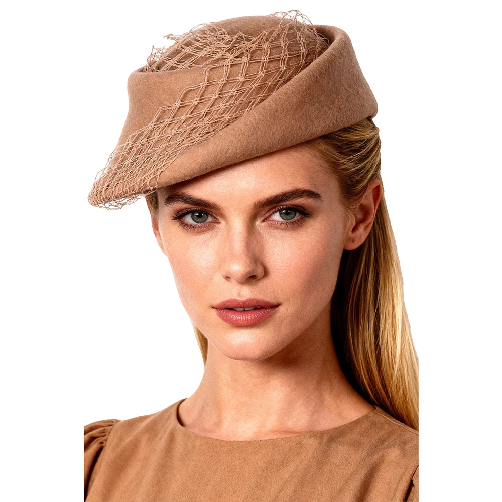 FS Winter Wool Fascinator Hats For Women Ladies Elegant Church Hat Vintage Beret Cap With Veil Camel Felt Fedoral Chapeau Femme
