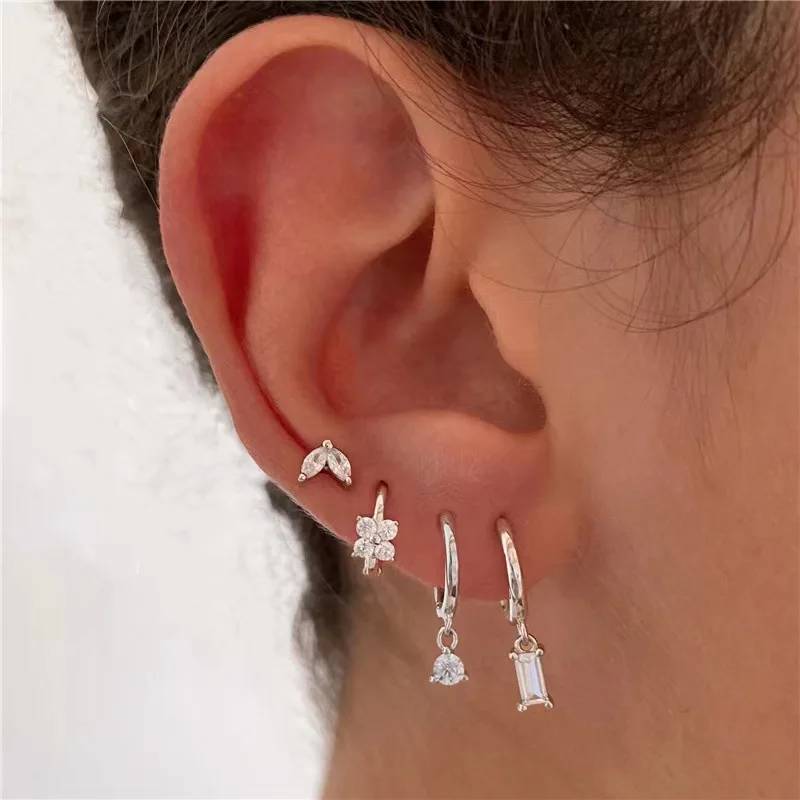 4PCS Tiny Flower Clear CZ Huggie Hoop Earrings Set for Women Dainty 4 Holes Zircons Cartilage Piercing Stud Earring Cute Jewelry
