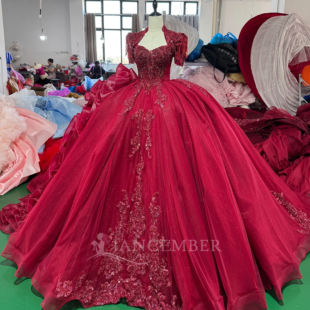 Elegant Crimson Ball Gown Customized Wedding Dress Scoop Neck Bolero Tassels Floral Appliques Hip Bow vestidos de novia boda