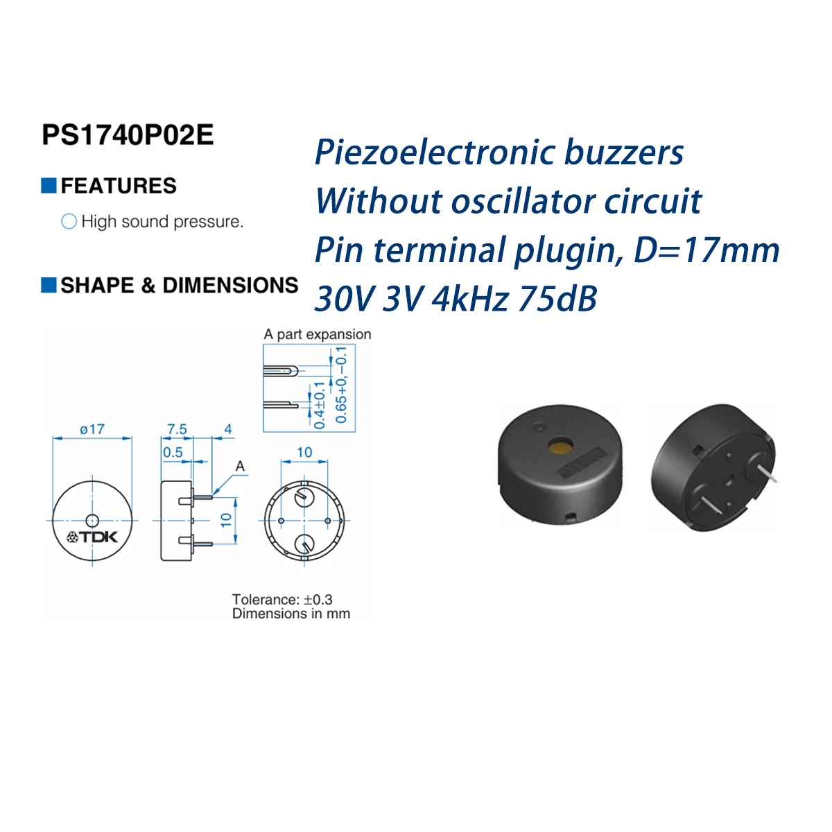 10PCS PS1740P02E 30V 3V 4kHz 75dB NEW Original AUDIO Piezoelectronic buzzers Without oscillator circuit terminal plugin D=17mm
