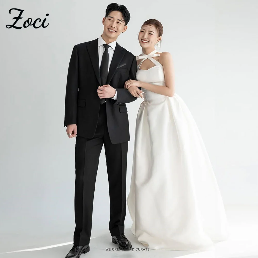 

Zoci Modern Sweetheart Korea Wedding Dresses Satin A Line Bow Neck Photos Shoot Dress Customized Draped Backless Bridal Gown