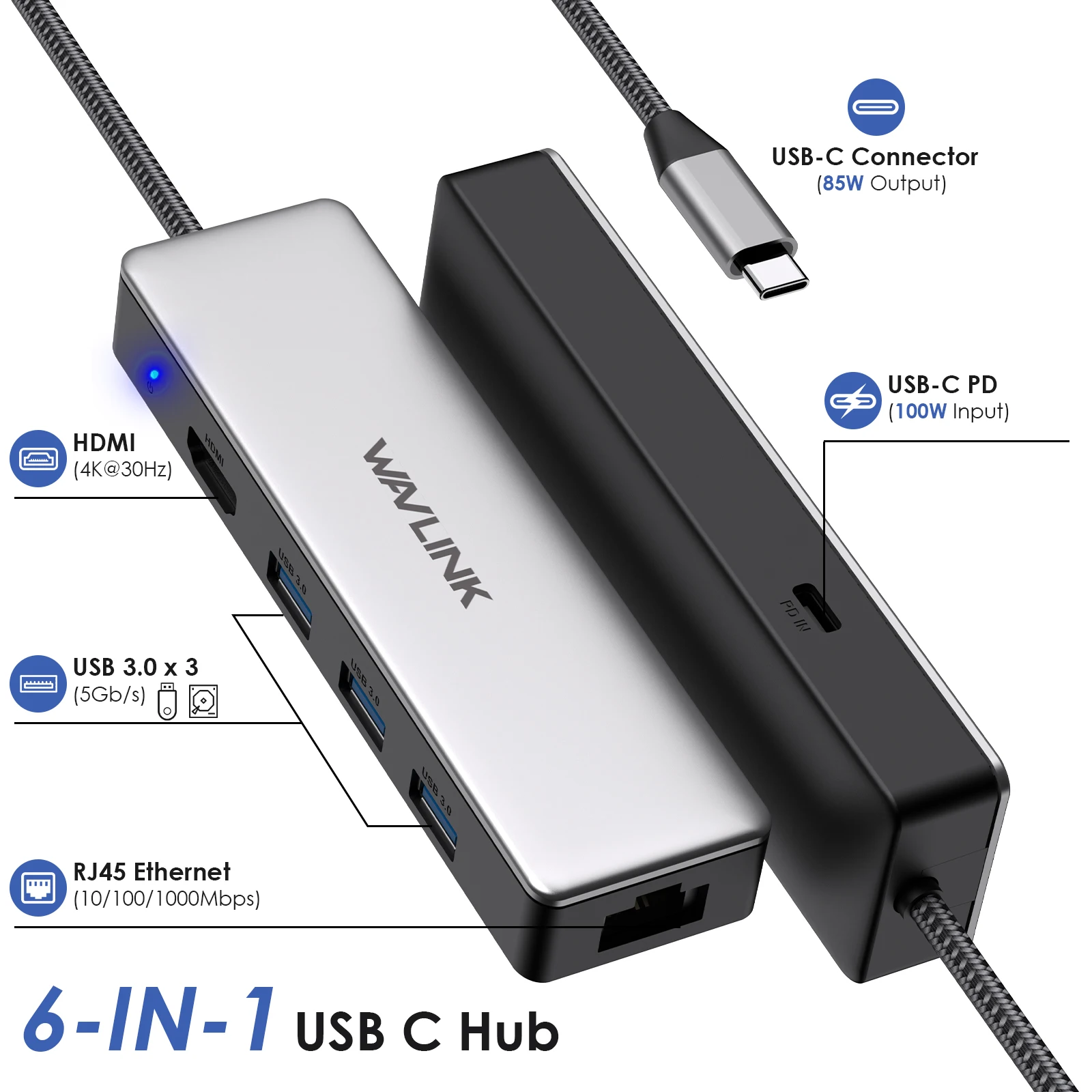 WAVLINK USB C Hub 6-in-1 Adapter for MacBook Pro/Air/Thunderbolt 3/Type C With 4K@30Hz Gigabit Ethern 100W Power Delivery