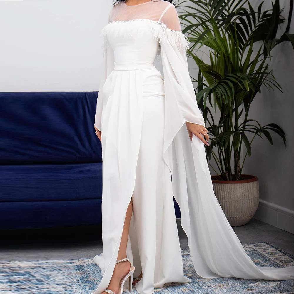 

CustomizedWhite Long Sleeves Jersey Straight O-neck Floor Length Pleats Sweep Train Feathers Crystal Bespoke Occasion Gowns Exqu