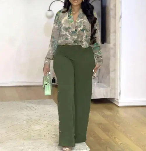 2피스 세트 여성 의류 2025 우아한 프린트 브이넥 셔츠 와이드 레그 팬츠 세트