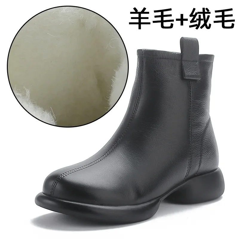 2024 Winter new style genuine leather thick-soled round-toe British style boots for women with thick heels