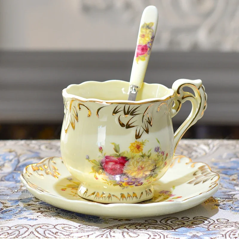 European-Style Ceramic Coffee Cup Suit Water Cup Saucer Afternoon Tea With Spoon Flower Printing Gift Box Desktop Cup suit