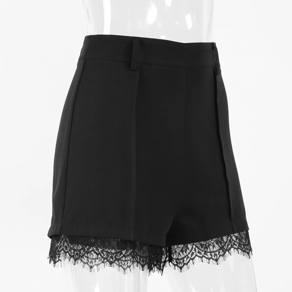 Black High Waist Blazer Short Pant Lace Splice Wrinkle Free Pleated Front Shorts Elegant Relax Fit Lace Trim Shorts City Date