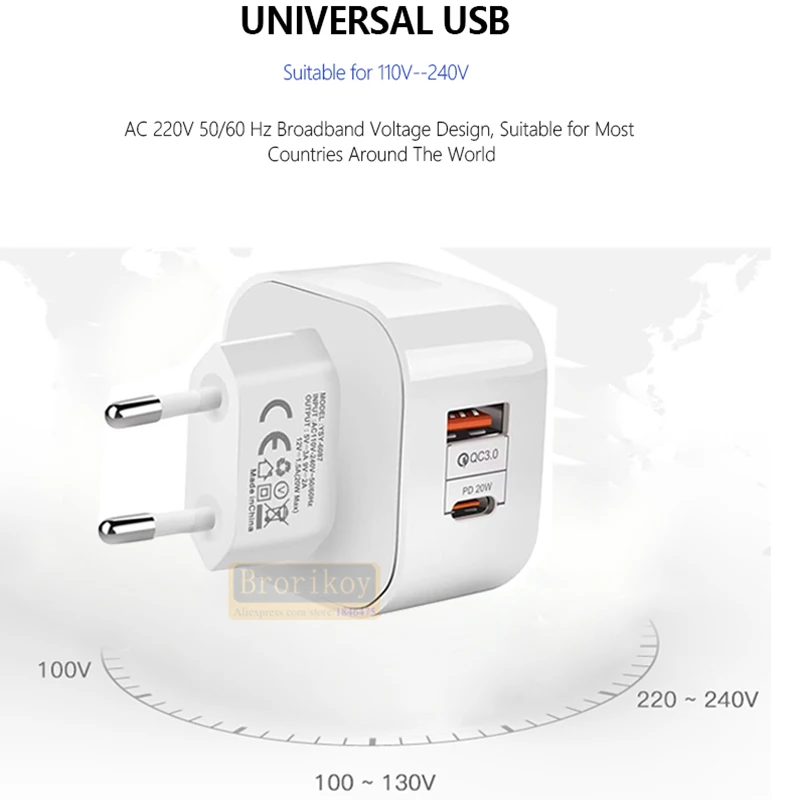 2 Ports QC3.0 Type C Charger PD 20W 40W Quick Charger USB-C Fast Charging Travel Wall Charger Power Adapter For iPhone 14Pro Max