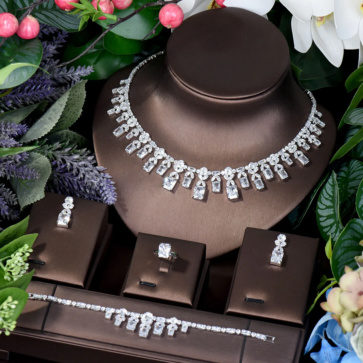 HIBRIDE Clear Cubic Zircon Square Necklace And Earrings Sets Women Dubai Bridal Jewelry Sets Wedding Accessories Bijoux N-158