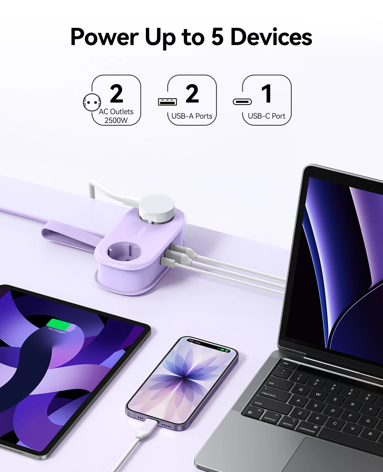 Listwa zasilająca ORICO 20W z wtyczką EU, 2 gniazda AC, 2 USB, 1 port Type-C, kabel przedłużający 1,53 m, inteligentne gniazdko do domu/na podróże — zdjęcie produktu 3