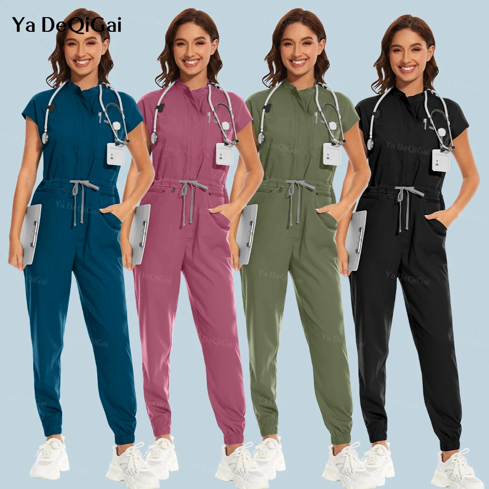 New Nurse Uniforms Women Casual Workwear One-piece Pharmacy Work Clothes Medical Doctor Nursing Uniforms Stand-up Collar Zipper