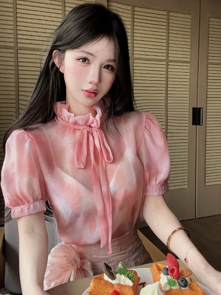 

Sweet Date Floral Print Bubble Sleeve Ruffle High Waist A-Line Short Skirt Set Women Summer New Style Embroidered Shirt Skirt