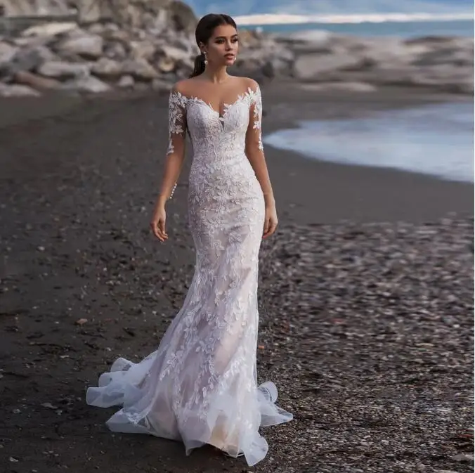 Praia mangas compridas sereia tule vestido de casamento elegante v-neck renda apliques ilusão volta com botão vestido de noiva feito sob encomenda