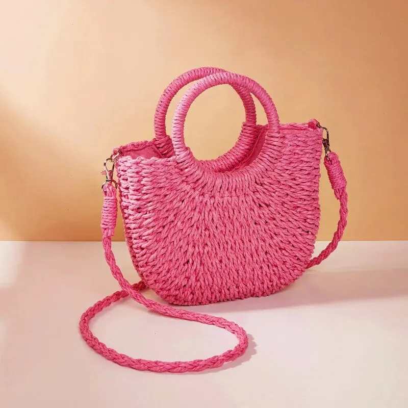 Handgeweven stro rotan half-maan strand handtas grote capaciteit dames zomer holle uit crossbody schoudertas