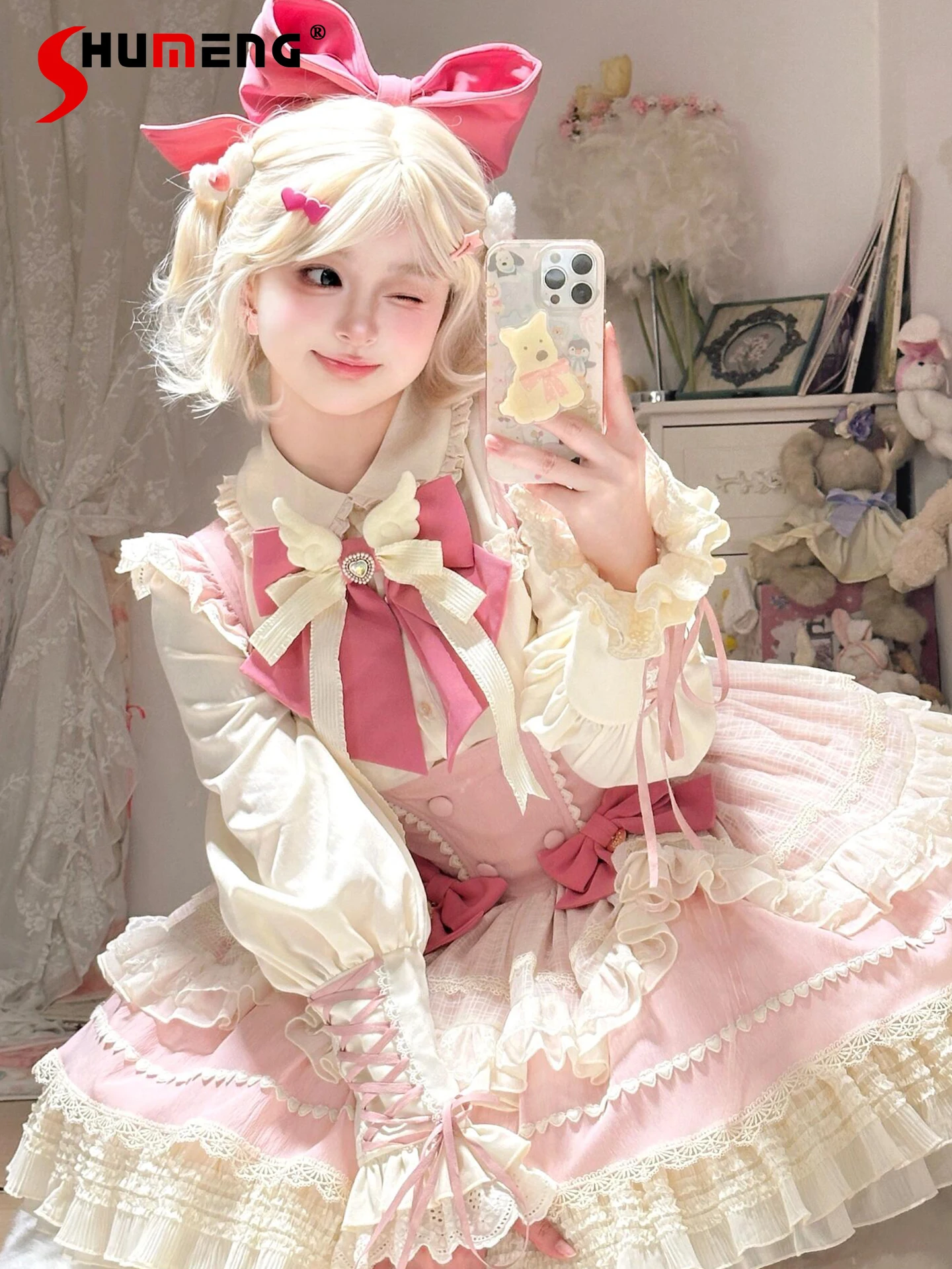 

Japanese Cute Girls Sweet Lolita Cos Sling Dress Long Sleeve Shirt Set Girl's Cute Bow Lace Ruffle Lolita Birthday Party Dress