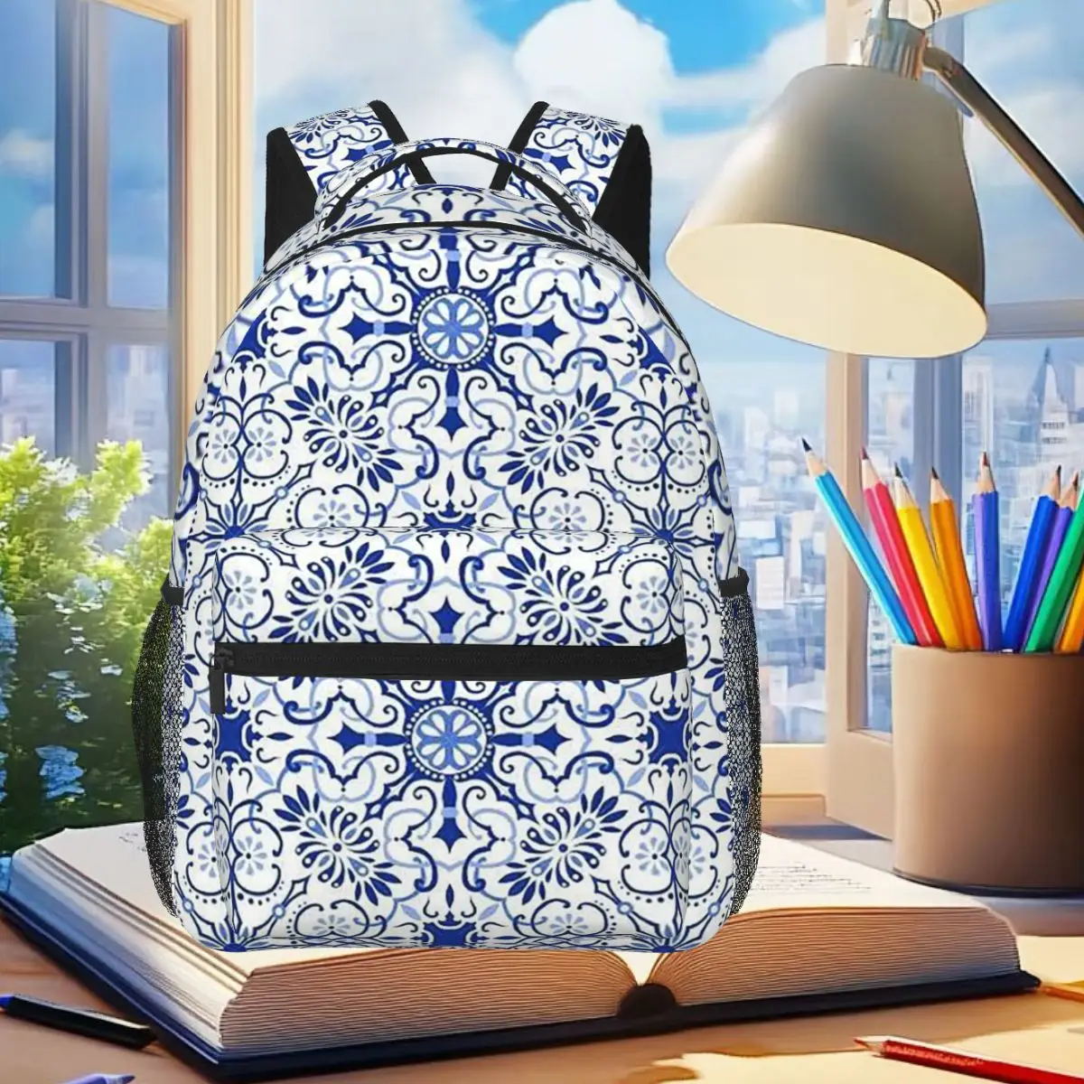 

Blue And White Floral Backpack Student Boys Girls BookBag Children School Bag Laptop Shoulder Bags for Men Women