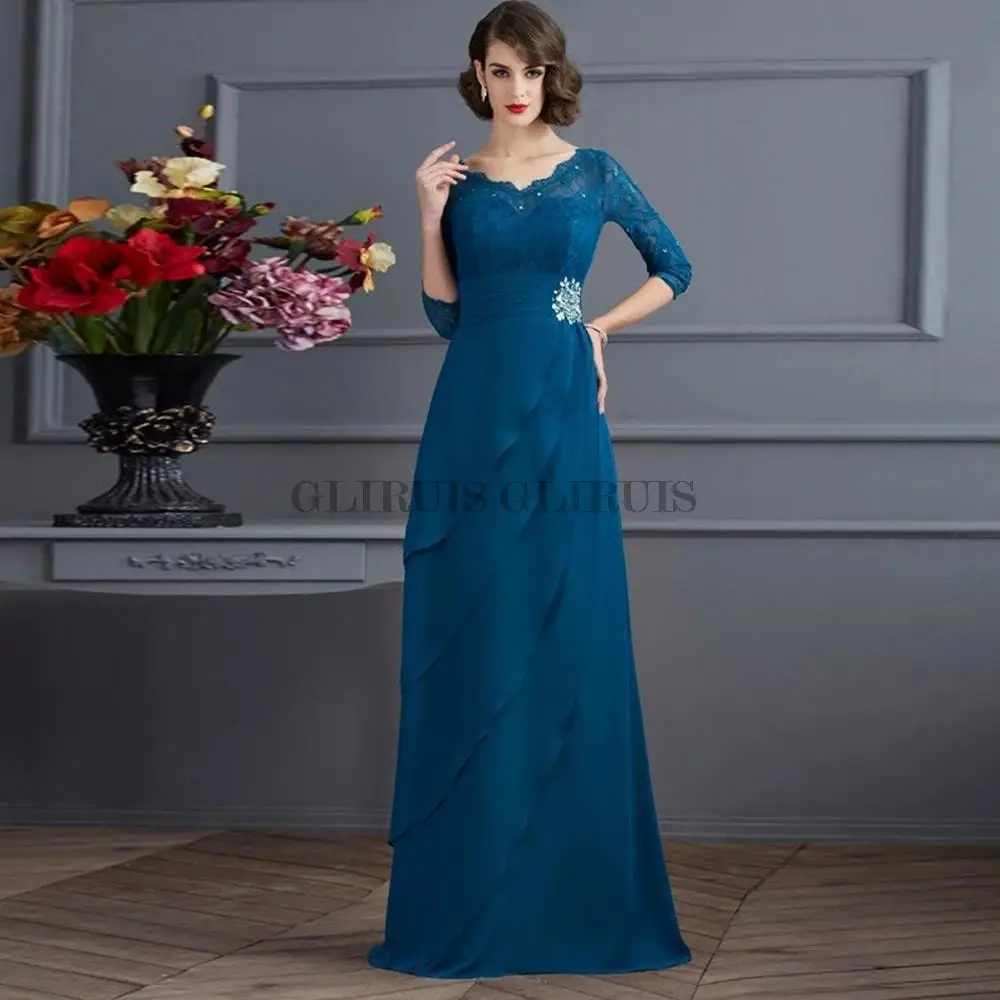 

Elegant Chiffon Wedding Guest Gown For Woman Mother Of The Bride Dresses Floor Length Navy Blue With Lace Rufflus